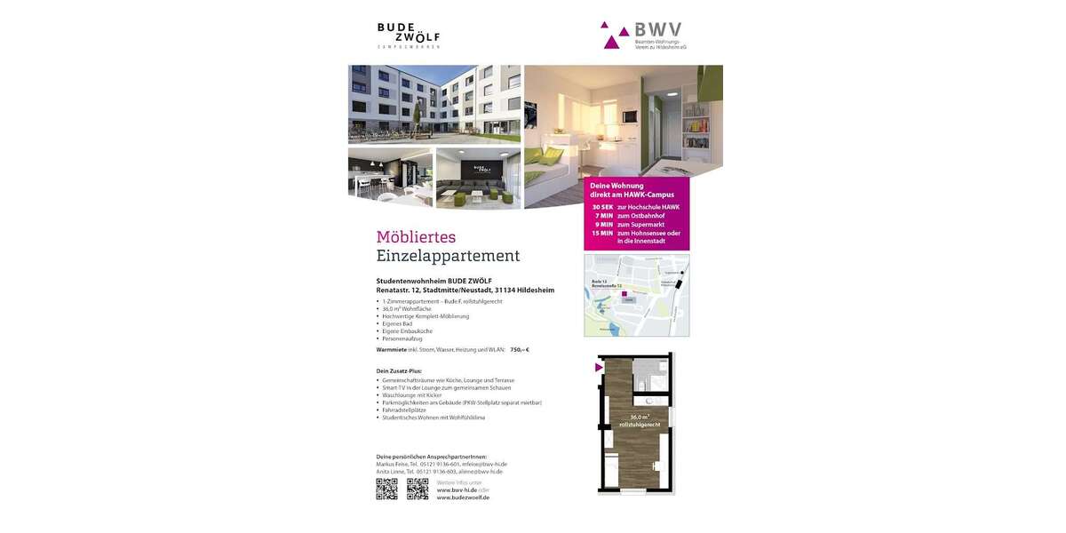 Etagenwohnung Hildesheim - 1 Zimmer, 36 m&sup2;, 750&euro; | Angebot:24982931