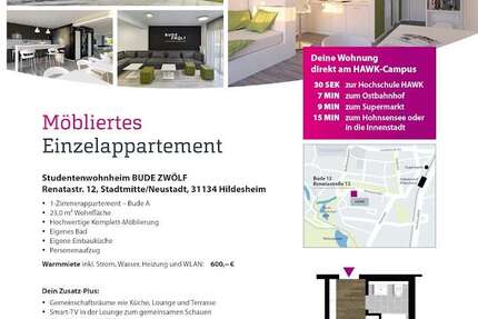 Wohnung Hildesheim - 1 Zimmer, 23 m&sup2;, 600&euro; | Angebot:26561591