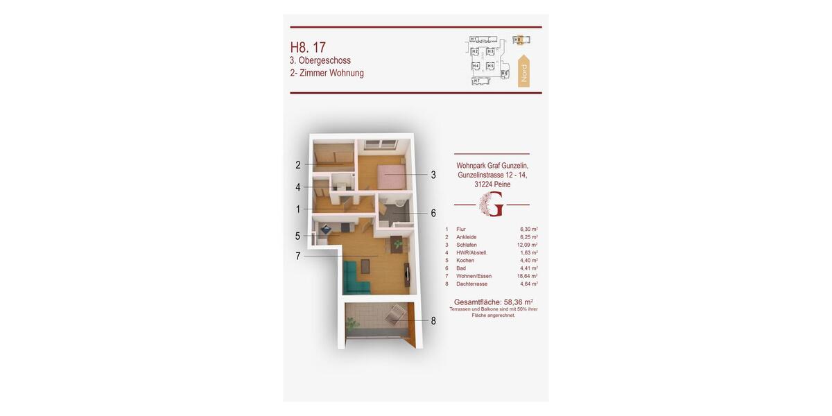 Dachgeschoßwohnung Peine - 2 Zimmer, 58 m&sup2;, 730&euro; | Angebot:24600536