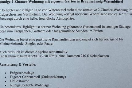 Wohnung Braunschweig Lehndorf-Watenbüttel - 2 Zimmer, 62 m&sup2;, 800&euro; | Angebot:26463808